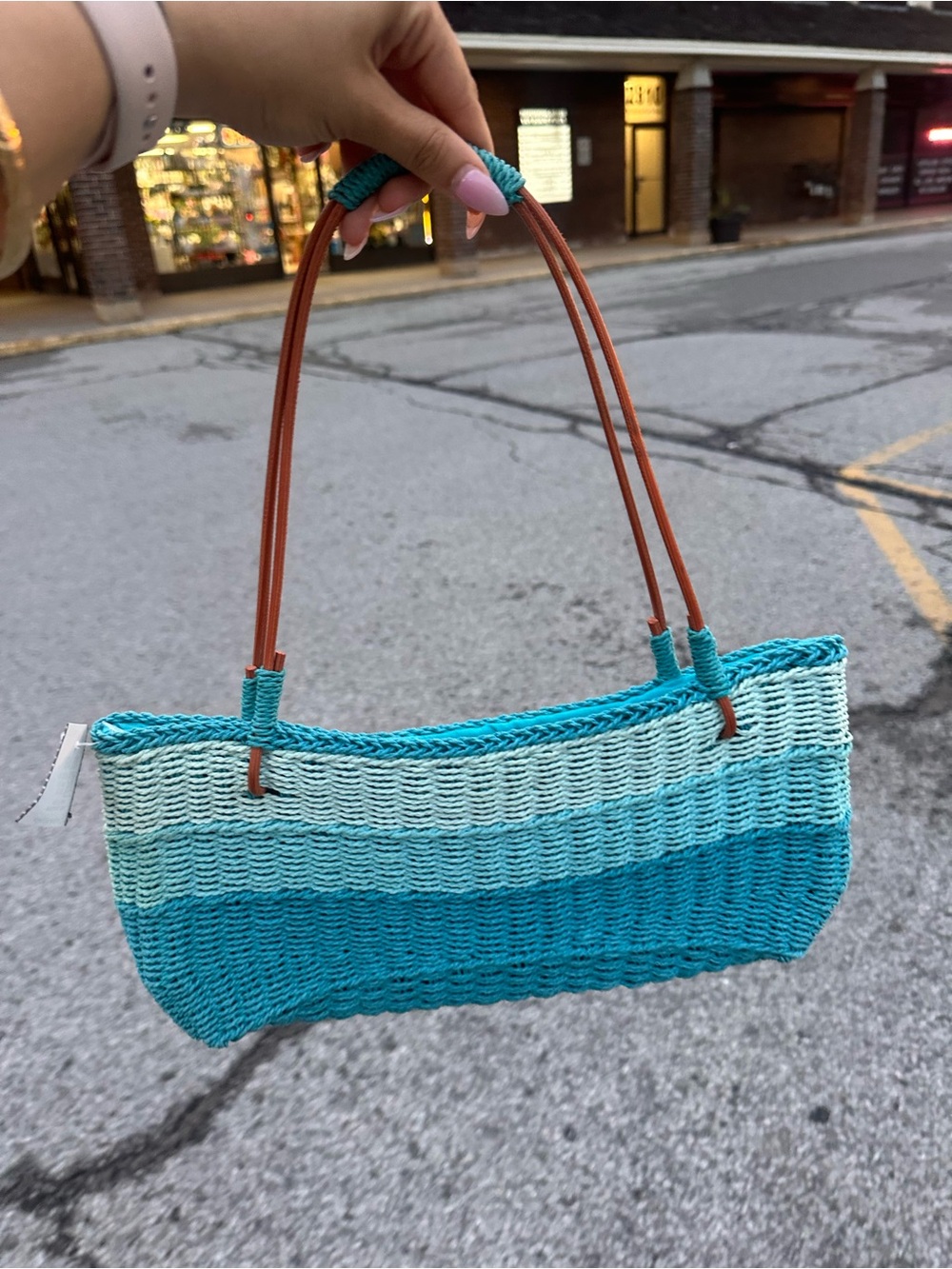 Woven Ombre Turquoise Tote Bag with Brown Handles